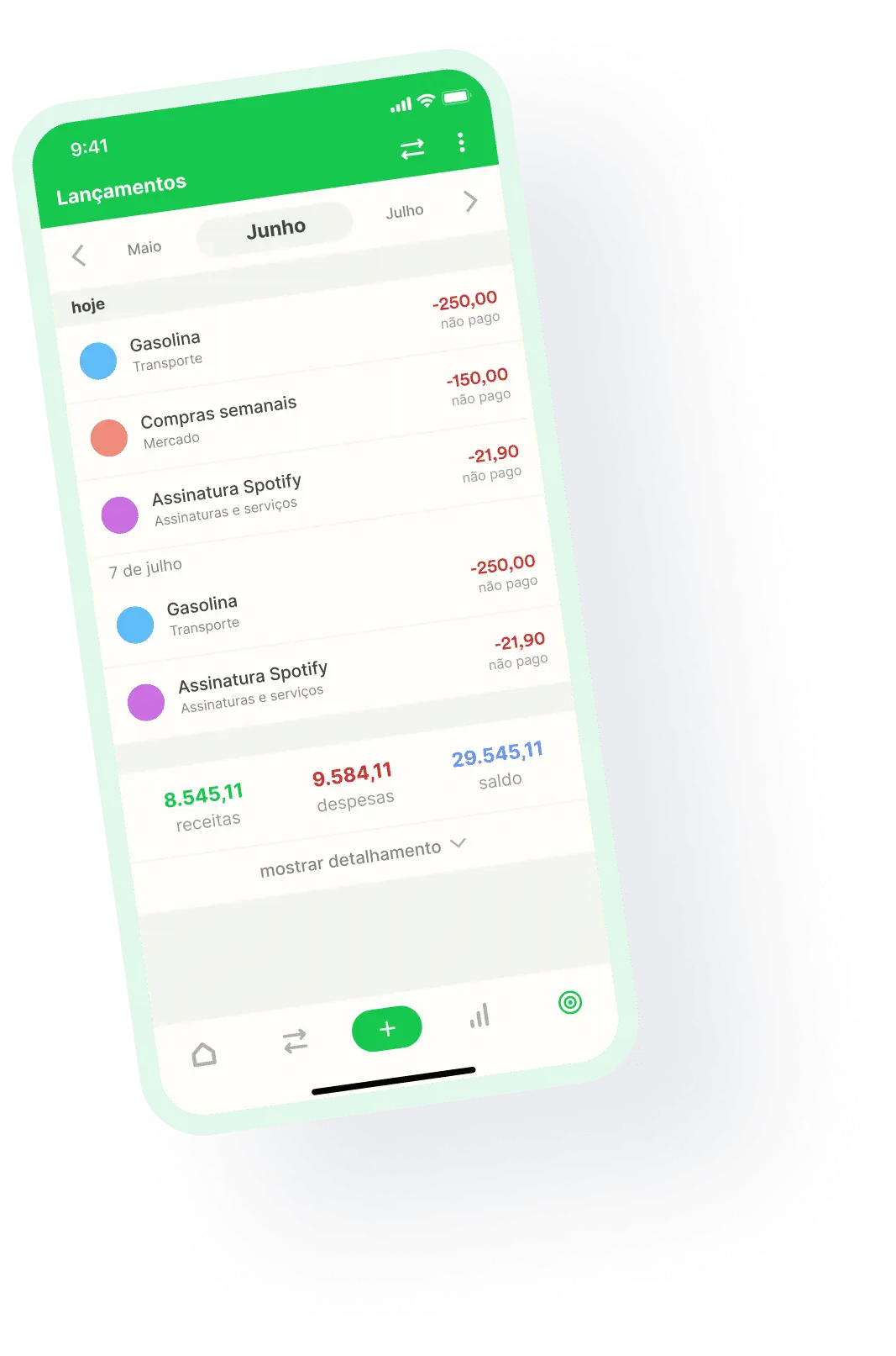 Imagem do Organizze, um app para controle financeiro pessoal, sendo exibido na tela de um celular