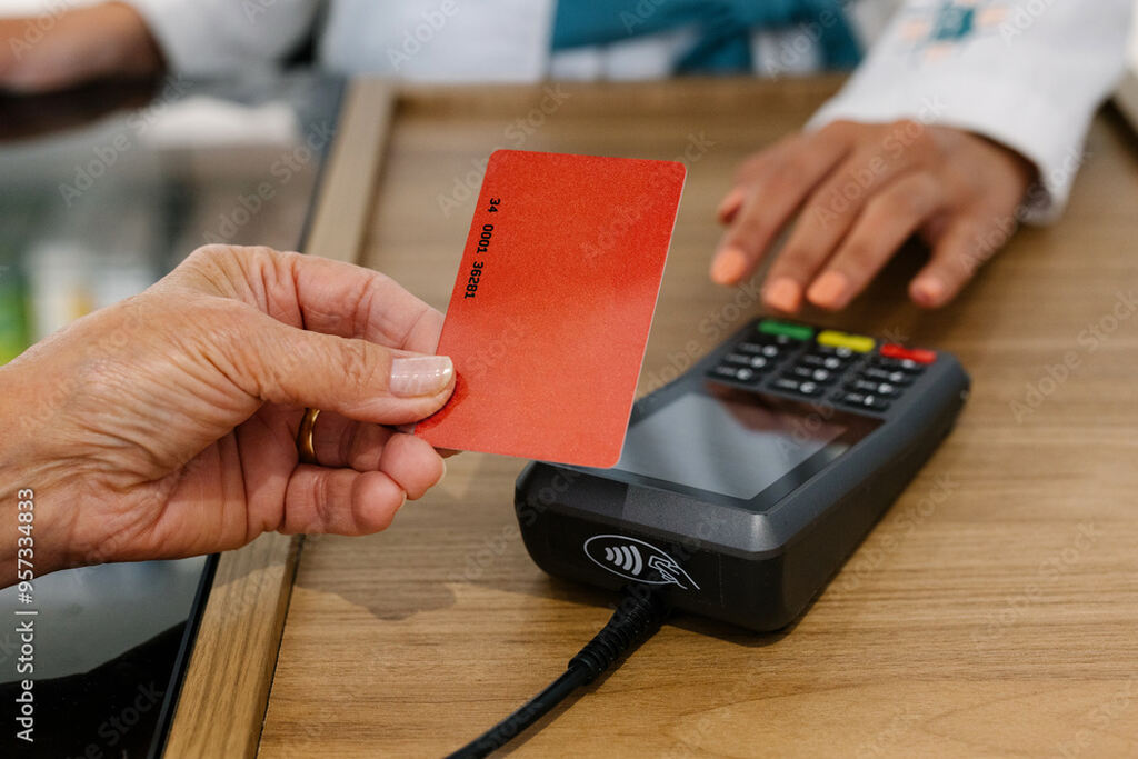 pessoa passando cartão na maquininha depois de decidir comprar a vista ou parcelado