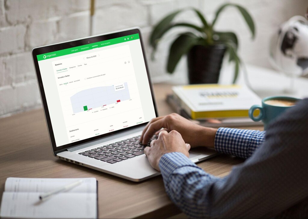 pessoa usando app da Organizze no computador para organizar finanças e alcançar estabilidade financeira