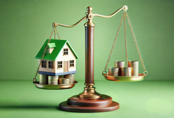 balança com moedas e casa em miniatura, representando a estabilidade financeira