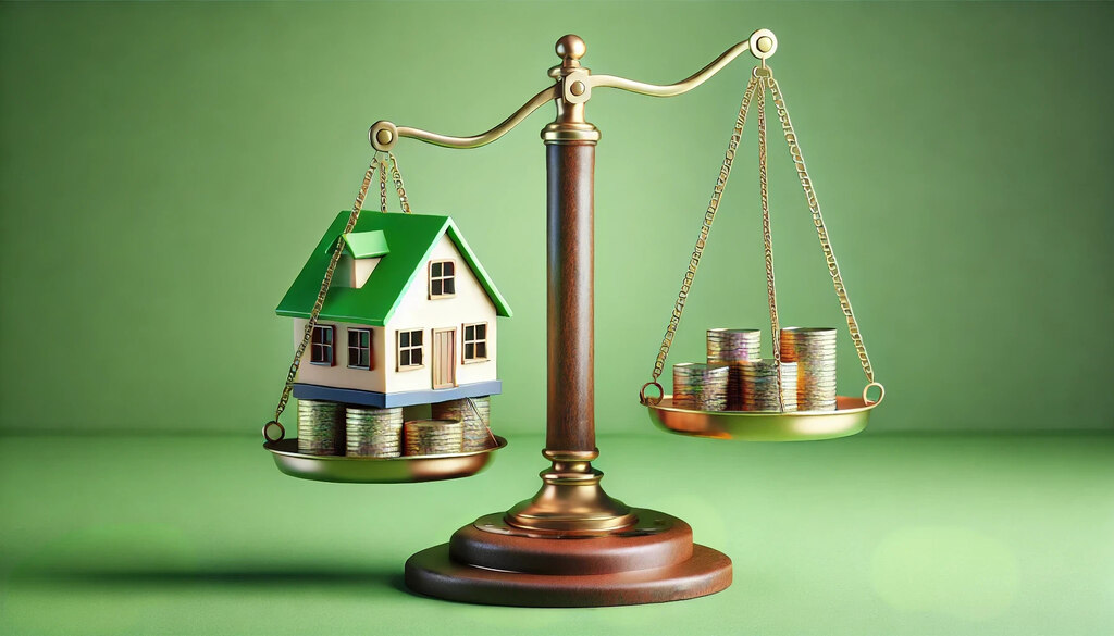 balança com moedas e casa em miniatura, representando a estabilidade financeira